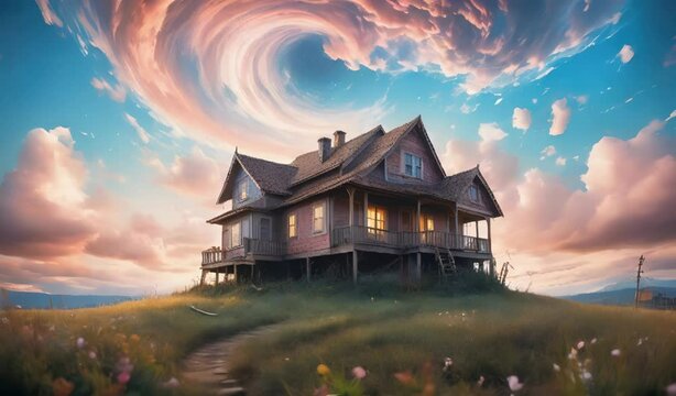 House in the Field at Sunset with Whirlwind Sky