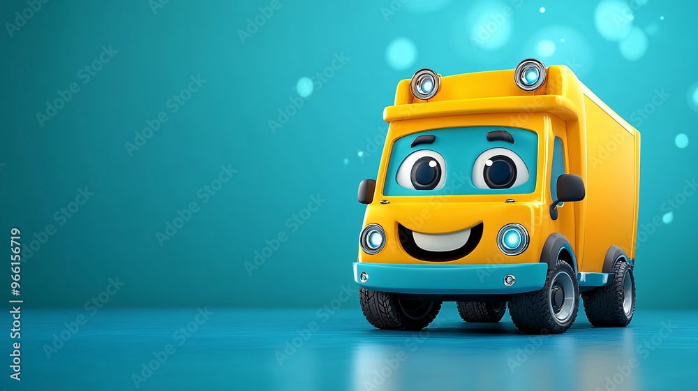 Poster 3D render of a cartoon-style delivery van with a smiling face on the front ready for service isolated on a clean background Large space for text in center Stock Photo with copy space