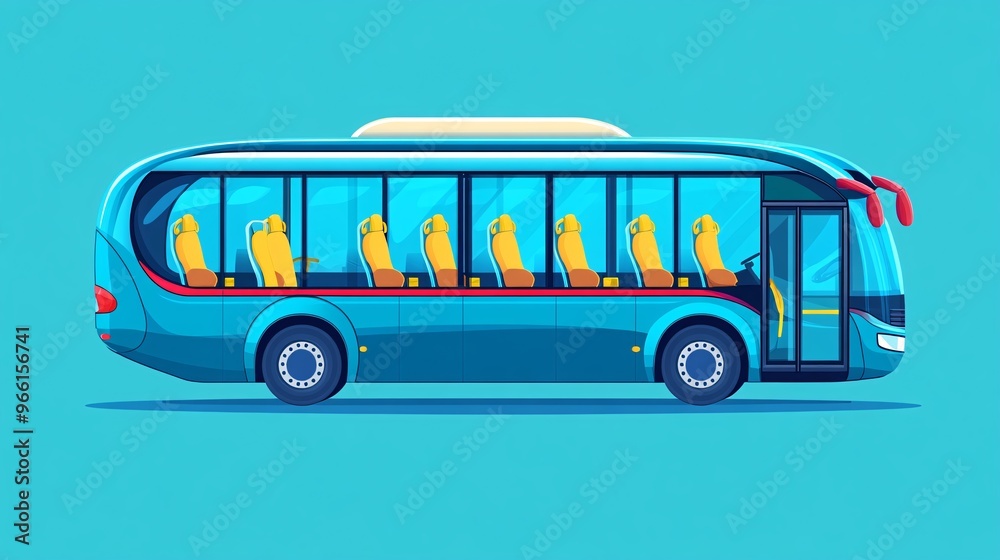 Poster cartoon-style passenger bus with rounded windows and colorful seats driving across a clean blank spa