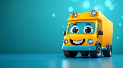 3D render of a cartoon-style delivery van with a smiling face on the front ready for service isolated on a clean background Large space for text in center Stock Photo with copy space