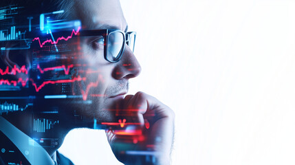 A business executive in deep thought, surrounded by floating digital interfaces showing real-time analytics 