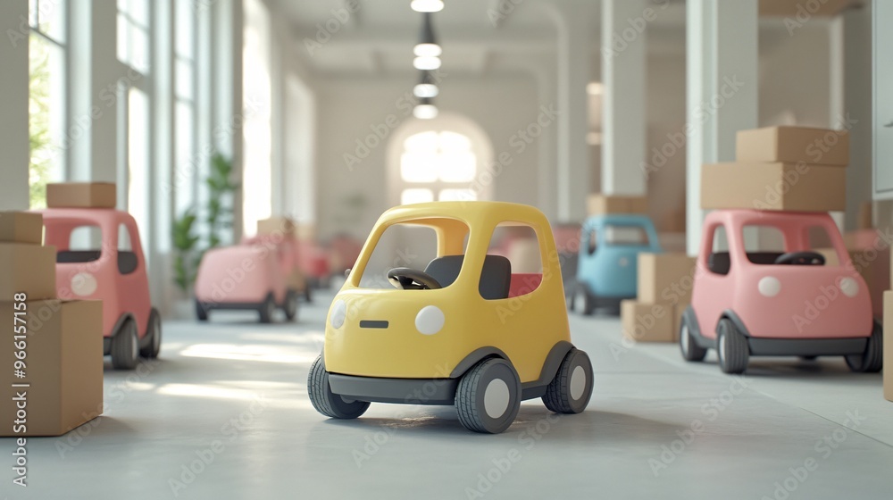 Leinwandbilder 3d render of a cartoon-style delivery hub with colorful vehicles and parcels isolated on a white cle