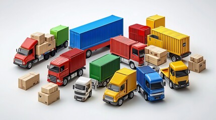 3D render of a cartoon-style delivery hub with colorful vehicles and parcels isolated on a white clean background Large space for text in center Stock Photo with copy space