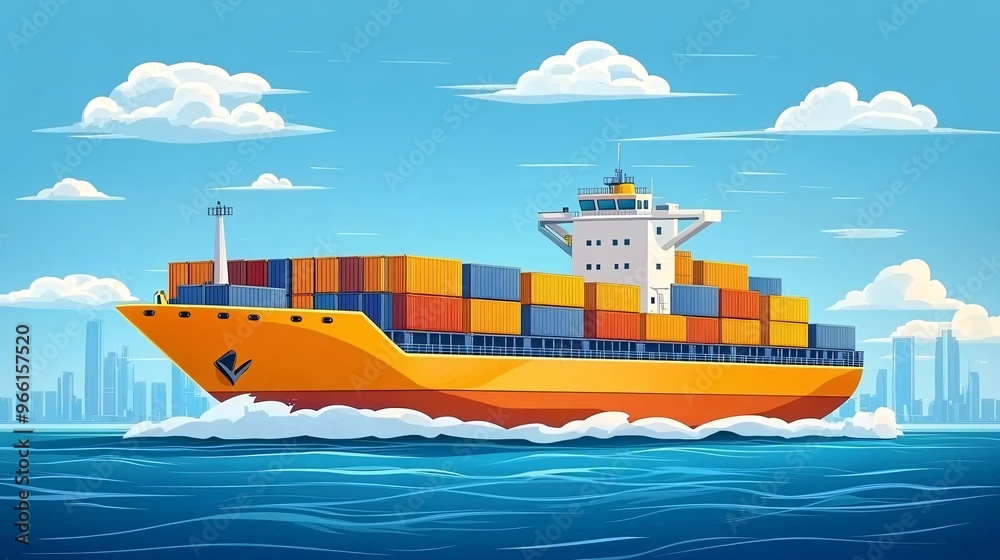 Poster cartoon-style cargo ship with exaggerated containers sailing across a clean blue surface ready for t
