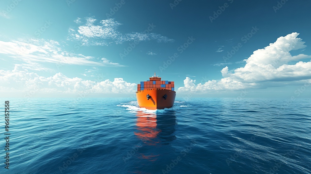 Poster cartoon-style cargo ship with exaggerated containers sailing across a clean blue surface ready for t
