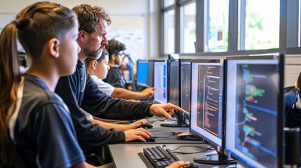 A teacher and students in a computer lab, working on coding projects with multiple monitors displaying code and graphics