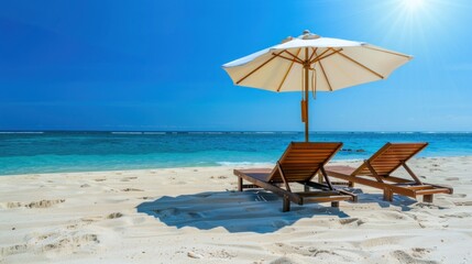 A beach scene with two umbrellas and two beach chairs