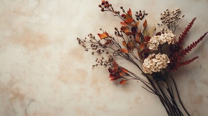 Rustic Autumn Floral and Dried Plant Arrangement on Beige Background, Minimalistic and Moody Flat Lay. AI generated illustration