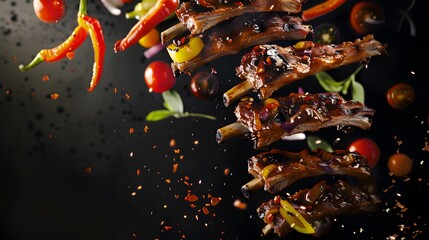 A Closeup of Barbecued Ribs with Veggies Falling Through the Air