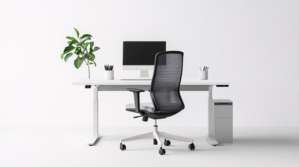 A Serene Workspace: A Laptop, Plant, and Coffee Cup on a Clean Desk in a Remote Work Setup