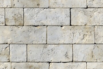 Fototapeta premium Textured limestone cladding stone wall made of rectangular blocks. The surface shows signs of wear and weathering, with a light gray color and subtle variations in tone.
