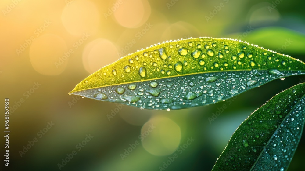 Wall mural A close-up of a fresh green leaf with sparkling water droplets clinging to its surface, illuminated by soft morning light and set against a blurred background.