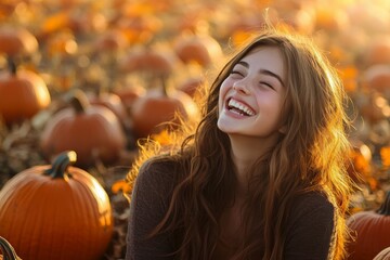 a carefree young woman laughing in a pumpkin patch, with leaves of golden, crimson, and amber hues around her
