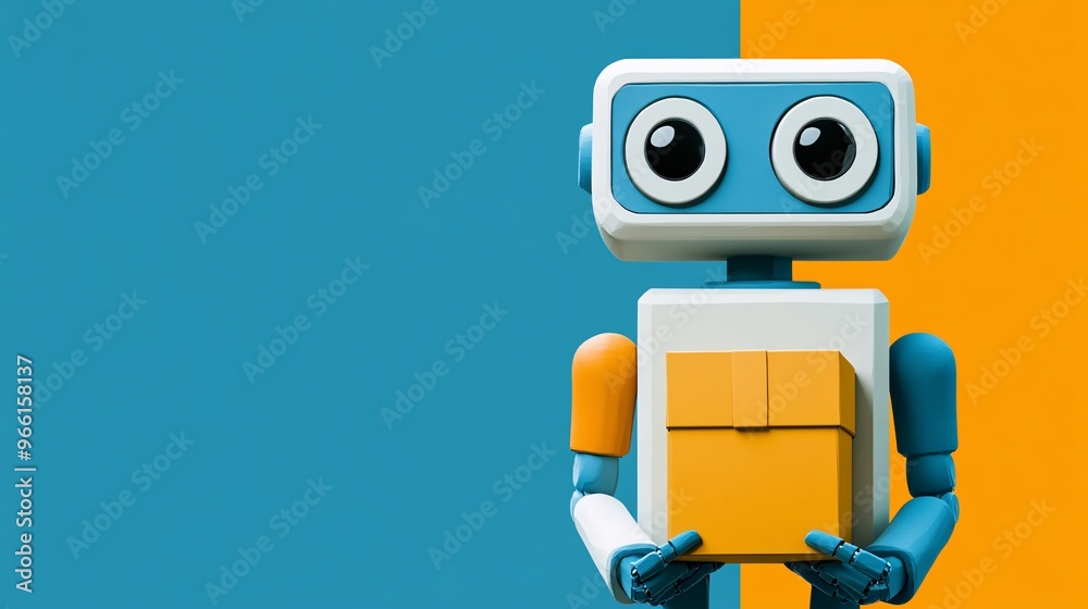 Aufkleber 3D render of a clay style delivery robot holding a package standing on a clean blank background Large space for text in center Stock Photo with copy space
