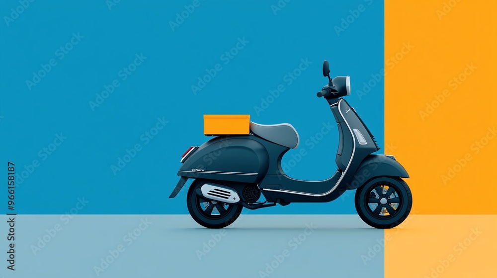 Aufkleber Clay style scooter with a delivery box on the back parked on a clean surface ready for service Large space for text in center Stock Photo with copy space
