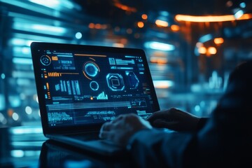 A person uses a laptop with a futuristic interface, glowing blue in a dimly lit room.