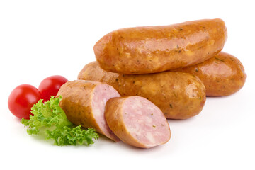 Smoked pork sausages, isolated on white background