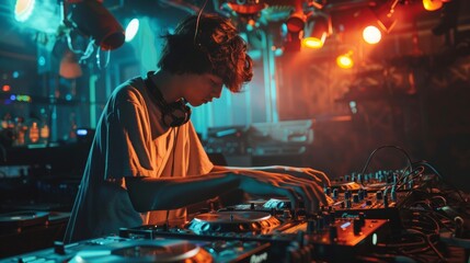 dj playing in a disco with neon lights
