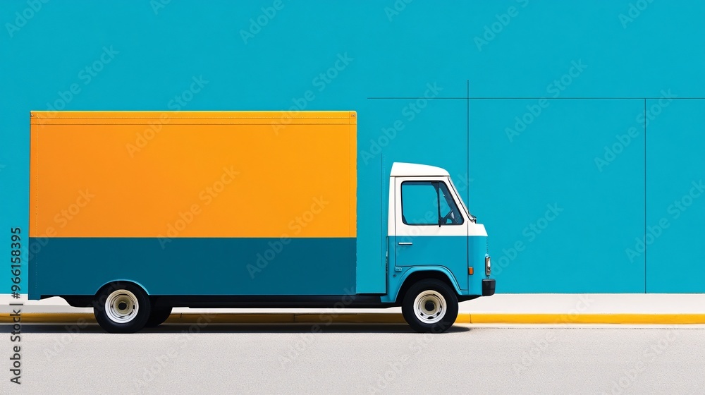 Aufkleber Clay style delivery truck with large cargo box driving on a clean minimalist background ready for service Large space for text in center Stock Photo with copy space