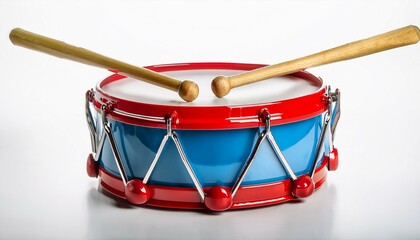 Red and blue toy drum with two wooden sticks.