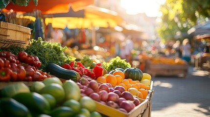 Vibrant Street Market with Fresh Produce and Colorful Fruits, Blurred Background and Sunny Day. AI generated illustration