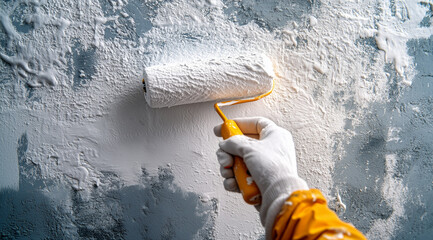 A professional painter's hand, wearing white gloves, holds a roller and paints an apartment wall with white paint, in a close-up shot, with copy space available. 