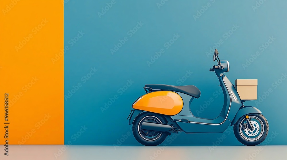 Aufkleber 3D render of a clay style electric scooter with a delivery box attached traveling on a smooth clean background Large space for text in center Stock Photo with copy space