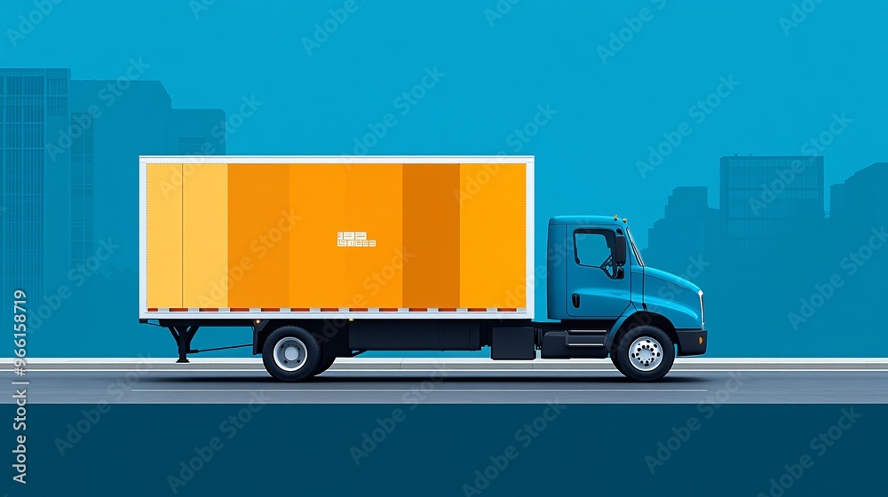 Poster 3d render cartoon style of a vibrant delivery truck with oversized wheels transporting packages isol