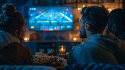 Obraz premium Friends Watching a Football Game on TV with Snacks and Drinks on the Table, Filled with Excitement