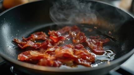 A close-up of a hot frying pan with crispy bacon sizzling, with droplets of oil and steam rising, set against a clean kitchen countertop.