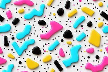A vibrant and colorful memphis abstract pattern featuring various shapes in pink, blue, yellow, and black against a white background. The design includes smooth, glossy elements arranged playfully.