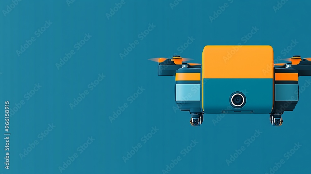 Aufkleber Cartoon style delivery drone carrying a box hovering mid-air on a clean background 3D render isolated with a clear sky Large space for text in center Stock Photo with copy space