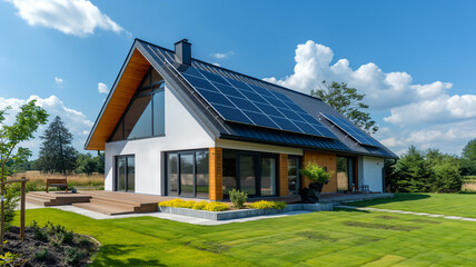 Obraz premium Dom z instalacją fotowoltaiczną. Czyste powietrze. Odnawialne źródła energii 