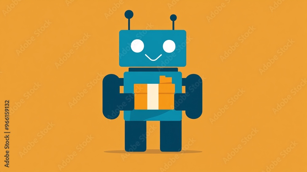 Aufkleber Brightly colored cartoon style delivery robot holding a package standing on a clean blank background ready for delivery Large space for text in center Stock Photo with copy space