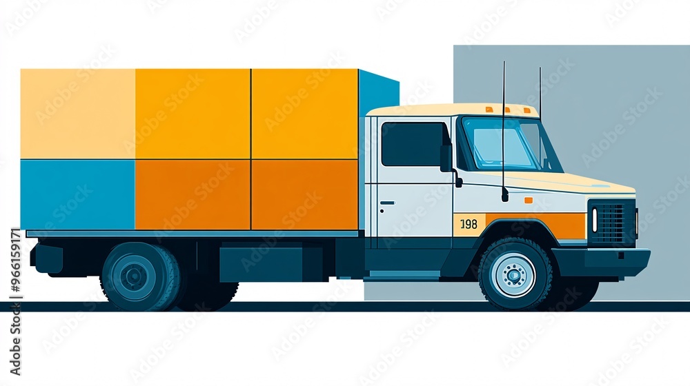 Aufkleber Cartoon style delivery van with oversized wheels and a large package ready for transport isolated on a clean background 3D render Large space for text in center Stock Photo with copy space
