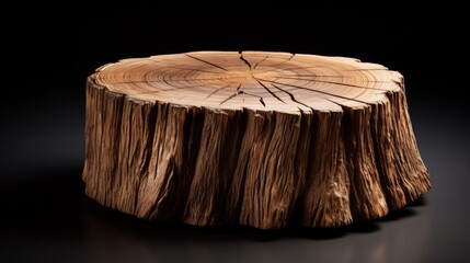 Wood piece podium against dark wall shadows. Neural network ai generated art