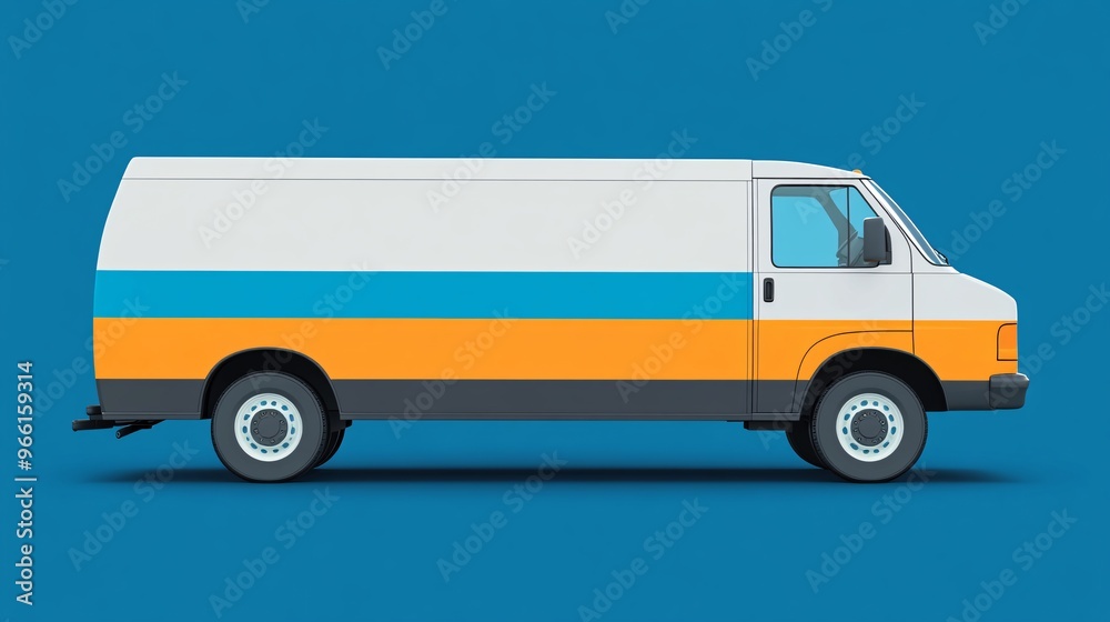 Aufkleber Cartoon style delivery van with oversized wheels and a large package ready for transport isolated on a clean background 3D render Large space for text in center Stock Photo with copy space
