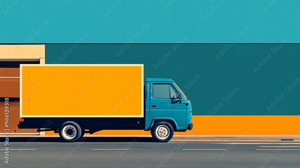 Poster Cartoon style delivery van with oversized wheels and a large package ready for transport isolated on a clean background 3D render Large space for text in center Stock Photo with copy space