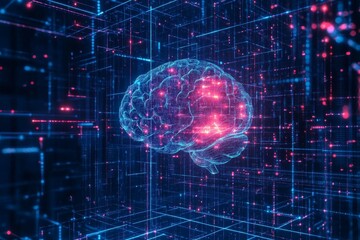 A digital rendering of a brain with glowing blue and red lines, inside a glowing blue and red grid.
