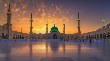 Naklejka premium Nabawi Mosque at dusk, the light of the setting sun emits a golden orange color in the sky, the green dome of the Nabawi Mosque shines majestically, Ai generated images