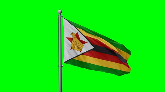 Zimbabwe flag waving in the wind with colored chroma key with green background