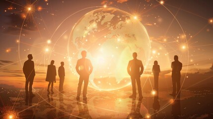 Fototapeta premium A group of people are standing around a globe, with a blue and green background