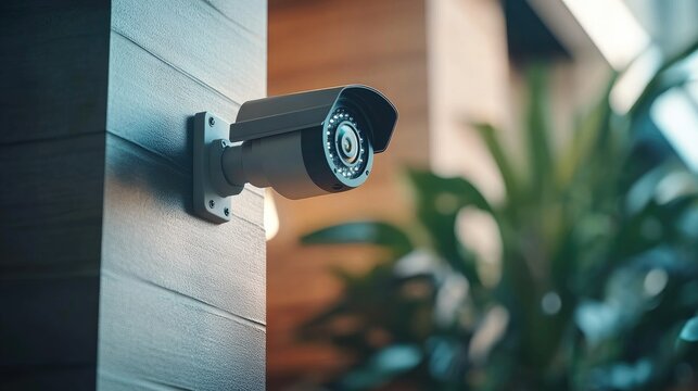 A close-up of a modern CCTV camera mounted on a wall, with a clear view of the camera's lens and housing, highlighting its sleek design and surveillance capability.