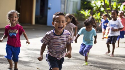 Fototapeta premium Joyful Children Playing and Having Fun at Recess in School Yard