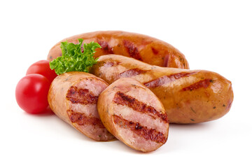 BBQ roasted pork sausages, isolated on white background