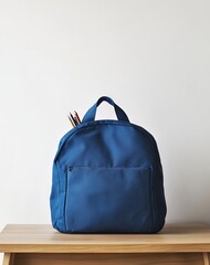 Blue Backpack with School Supplies on Wooden Table, High Resolution, Minimalistic Style, Copy Space for Text. AI generated illustration