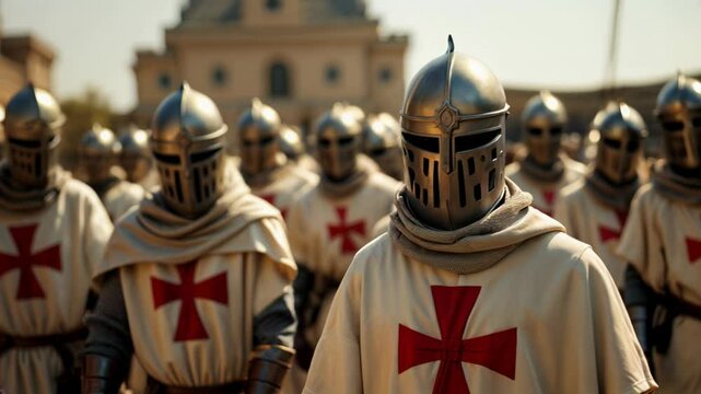 Medieval Knights Templar in armor, white cloaks with red crosses before battle.