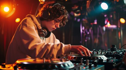 dj playing in a disco with neon lights