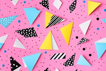 Obraz premium A vibrant and playful flat lay of colorful geometric memphis origami paper shapes on a pink background. The shapes include triangles, rectangles, and circles in various colors.