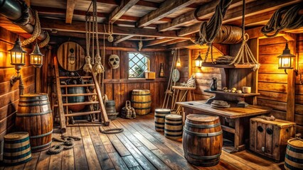 Fototapeta premium Pirate cabin inside an old ship featuring wooden walls, barrels, treasure chest, and pirate flags